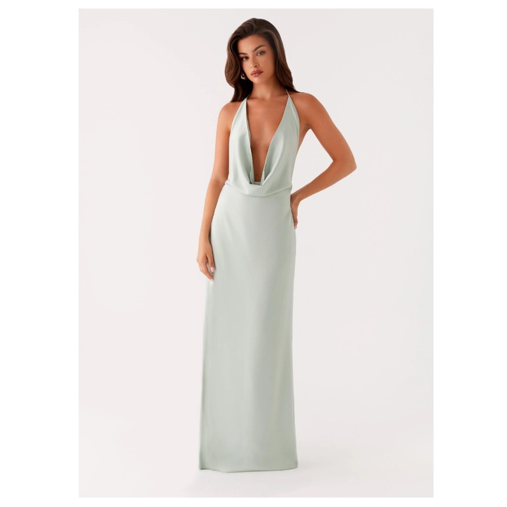 Peppermayo Noemi Maxi Dress Sage Light Mint Green Satin Cowl Halter 4 XS